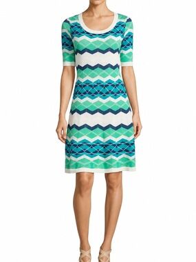 Missoni Chevron Knit Knee Length White Blue Teal Dress Size 42